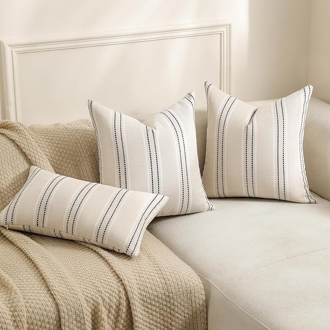 Hckot Throw Pillow Covers 16x16 Set of 2 Striped Pillow Covers Textured Linen Decorative Pillows Square Cushion Covers for Sofa Couch Bed Living Room Farmhouse Decor
