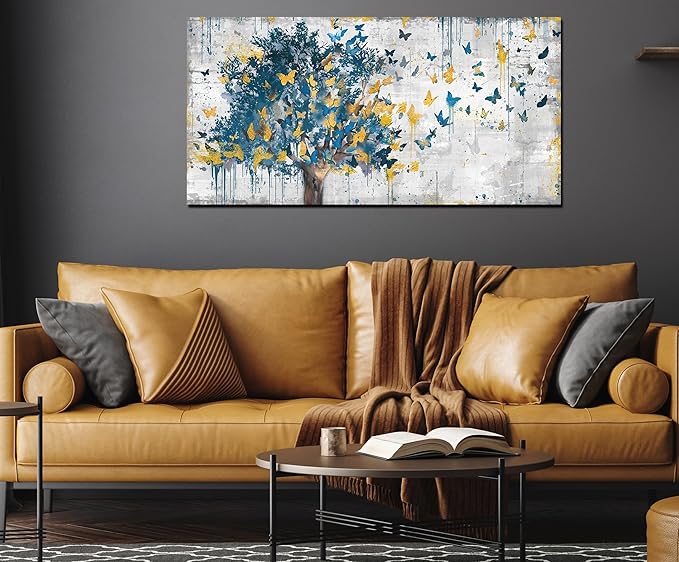 Kepgonegu Large Canvas Wall Art Blue Tree Golden Butterflies Picture Abstract Grey Graffiti Canvas Prints Ready to Hang for Living Room Bedroom Size 30x60