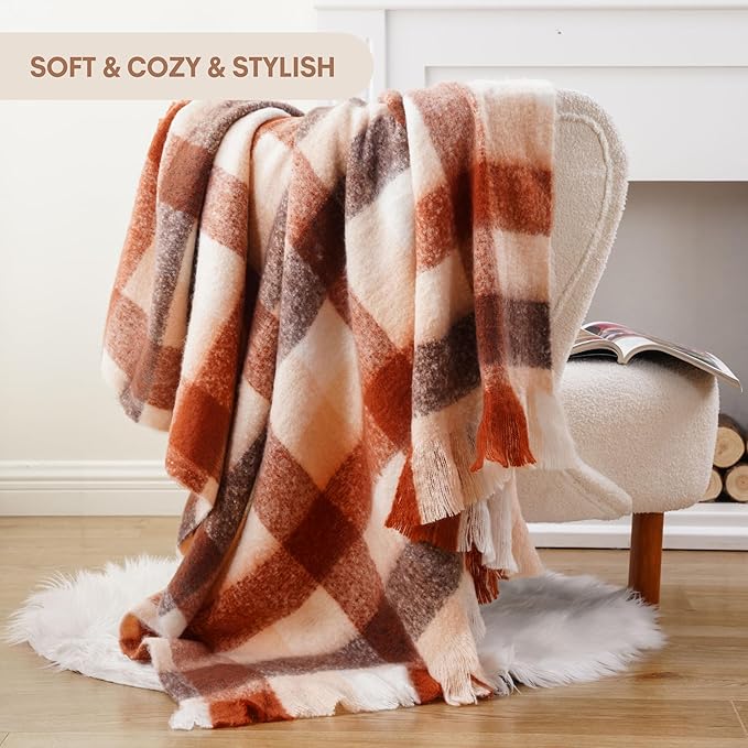 BATTILO Rust Plaid Throw Blanket for Couch Bed, Soft Mohair Tartan Plaid Blanket, Farmhouse Style Checkered Pattern, Fall Throw Blankets for Home Decor(50"x60")