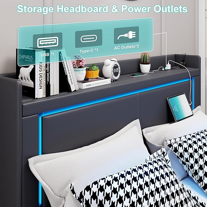 Queen Bed Frame with Headboard and Wheeled Nightstand, PU Leather Upholstered Platform Bed with LED&Charging Station for Bedroom, No Box Spring Needed, Noise Free, Suit for Couple/Single, Grey