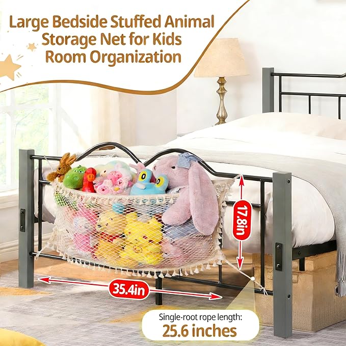2 Pack Stuffed Animal Storage Net, Large Bedside Toy Organizer Net, Cotton Plushie Toy Storage Hammock with Tether for Stuffed Animals Playroom Organization