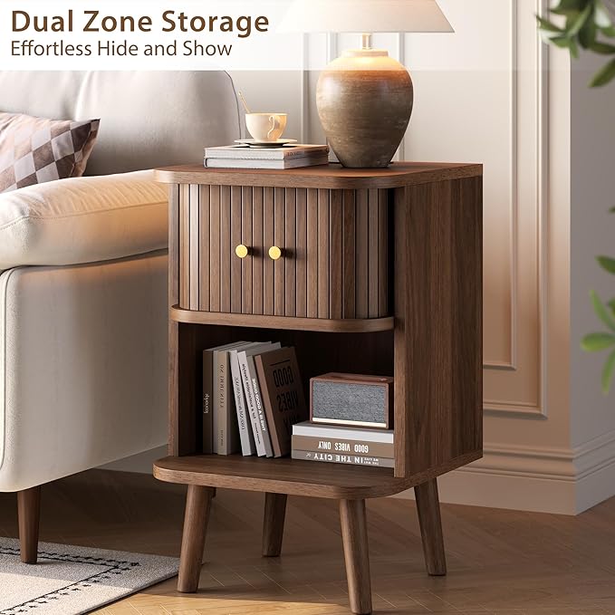 Fluted Nightstand, Mid Century Modern Bedside Table with Charging Station, Walnut End Tables with Sliding Tambour Doors, Storage Cabinet and Open Shelf for Bedroom, Walnut