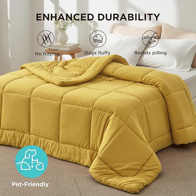 Bedsure Comforter Duvet Insert - Quilted Comforters King Size, All Season Duvet, GentleSoft Down Alternative Bedding, with 8 Tabs, Gifts for Women/Men, Mustard Yellow, King 90 x 102 Inches