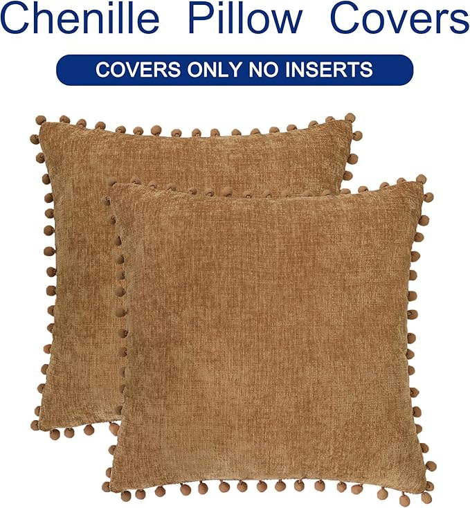 CaliTime Throw Pillow Covers Decorative 16 X 16 Inches Pack of 2 Cozy Solid Dyed Soft Chenille Cushion Cases with Pom Poms for Couch Sofa Bed Living Room Home Apricot Brown