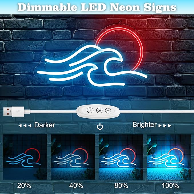 Wave Neon Signs for Wall Decor, Anywin Dimmable Neon Sign Sunrise Sunset Led Signs Wave Art Neon Lights For Living Room, Bedroom Gaming Room, Hotel Decor, Cool Birthday Gifts for Friends, Partner