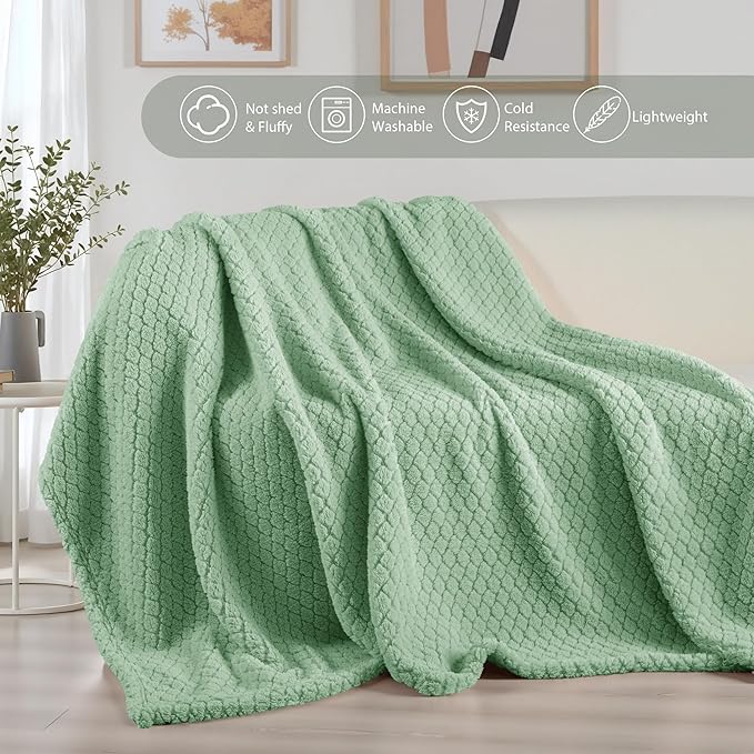 Exclusivo Mezcla Queen Size Fleece Blanket for Bed, Extra Soft Warm Decorative Fuzzy Blanket for Women, Lightweight Cozy Bedding Blankets, 90x90 Inches, Sage Green