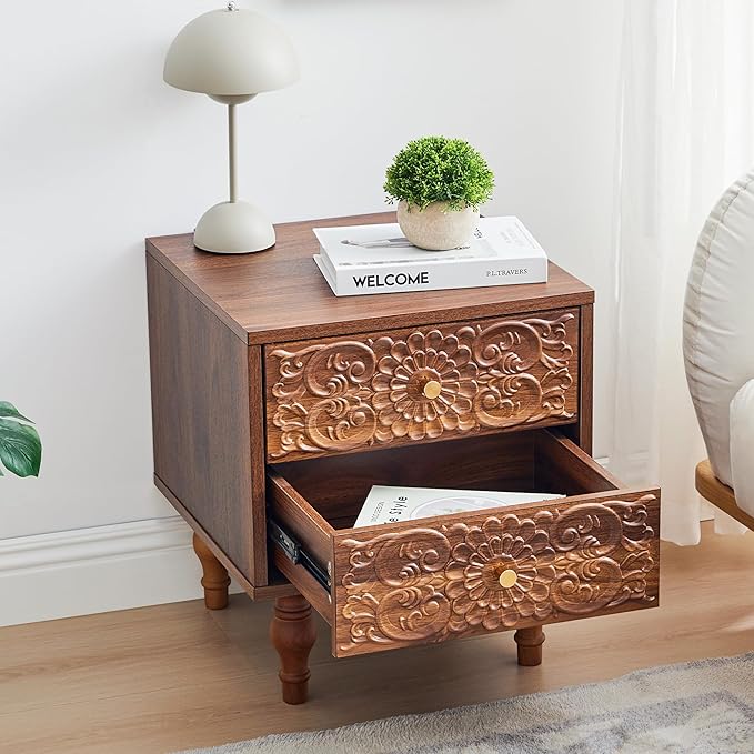 Nightstand, Farmhouse Bedside Table with 2 Drawers and Metal Handles, Wood Sofa Side Table End Table Accent Dresser for Bedroom, Living Room (Walnut-2 Packs) (15.75 x 16.02 x 18.15 Inch)