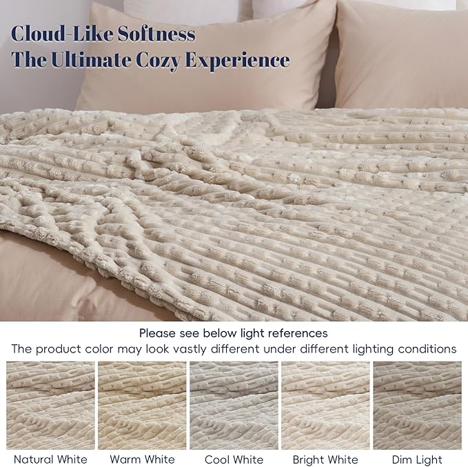 PHF Ultra Soft Flannel Fleece Blanket Queen Size, Lightweight 3D Jacquard Fleece Blanket, No Shedding, No Pilling, Luxury 340GSM Aesthetic Fluffy Cozy for Bed Room Decor, 90"x90", French Oak