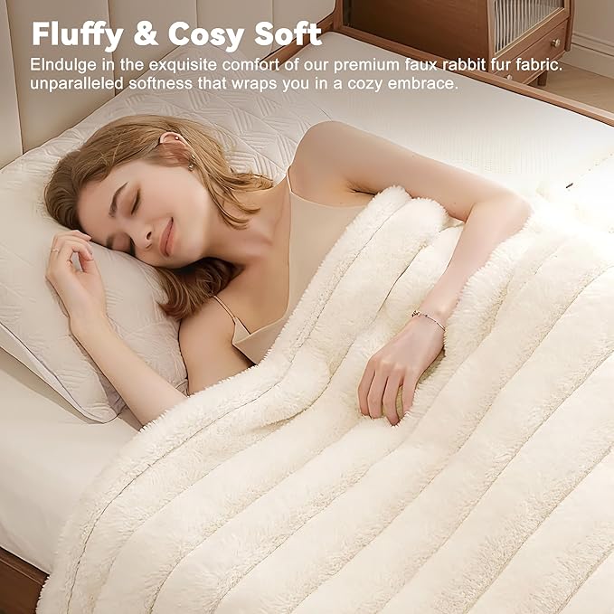 Faux Fur Twin Blanket for Couch,Cozy Soft Plush Thick Striped Luxury Blanket for Sofa Living Room Bedroom,60 * 80 Inches, White