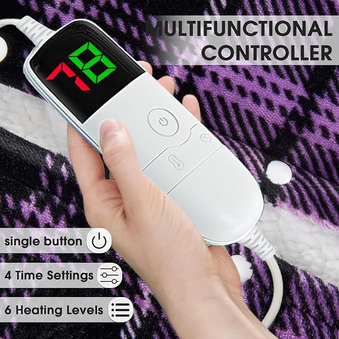 OCTROT Heated Blanket Electric, Twin Size 62X84, Heating Blanket with 10 Heating Levels & 8 Hours Auto Off, Purple Checkered Plaid Sherpa Blankets for Mom Grandma Women Couch