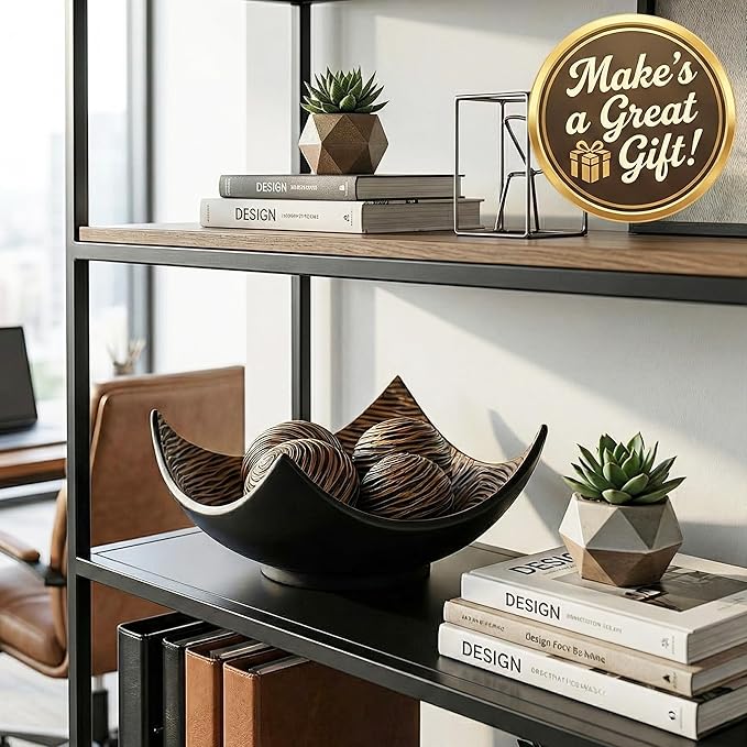 Seraphic 5pc Large Decorative Scoop Bowl Set with Stylish Orbs/Balls – Elegant Centerpiece for Dining/Kitchen Table, Living Room, or Office Decor, 14" diagonal. 11" wide and 5.75" tall, Brown