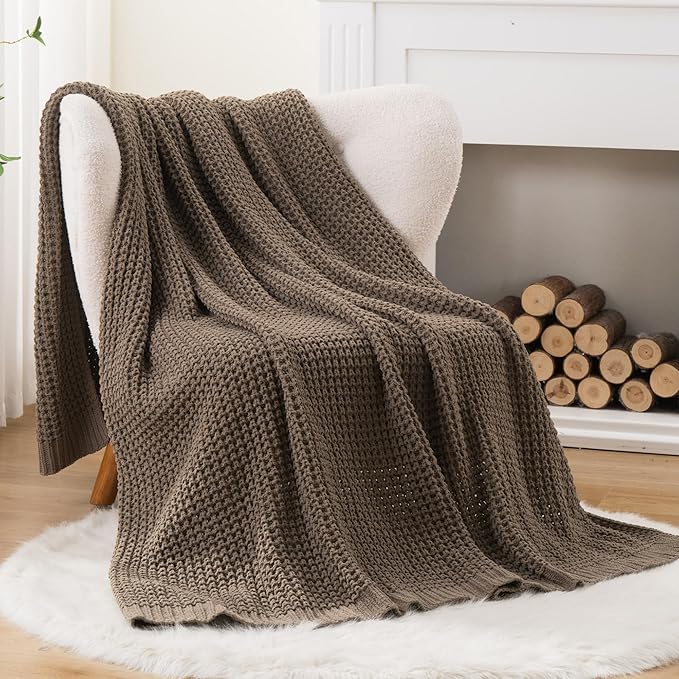 Bunnikins & Clover Knitted Waffle Throw Blanket 60x80 Inches, Camel Tan Throw Blanket for Couch, Tan Blanket Fluffy Cozy Knit Soft Throws for Women Mothers Birthday Gifts