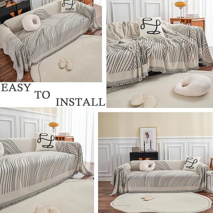 HANDONTIME Chenille Sofa Covers Simple Striped Dog Couch Cover Beige Grey Sofa Covers Mountain Geometric L Shaped Couch Cover Farmhouse Sectional Couch Covers Pet Furniture Protector, 71" x 118"