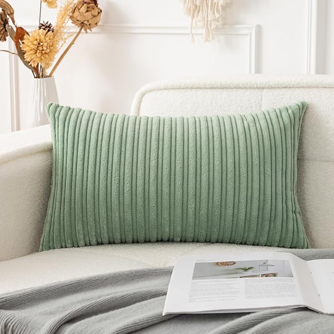 UGASA 14x20 Inch Pillow Cover Pack of 1 Soft Boho Stripe Corduroy Long Rectangular Lumbar Cushion Cover Farmhouse Decorative Throw Pillowcase for Bed, Couch, Sofa, Bedroom, Living Room, Sage Green