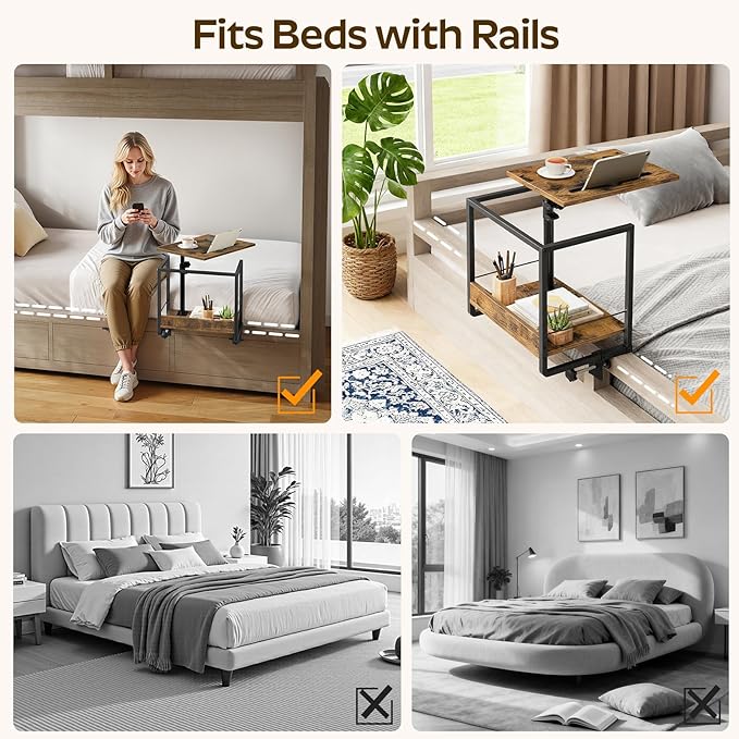 Bedside Shelf, Bed Shelf with 360° Rotating and Height-Adjustable Tray, Drom Side Tray Table, Nightstand with Storage for College, Bedroom, Rustic Brown and Black