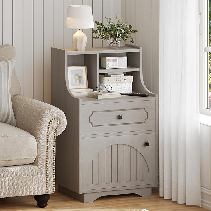 4ever2buy Farmhouse Nightstand with Storage Drawer and Hutch Bedside Table for Bedroom 30.31 inch Tall Night Stand End Table Wash Gray