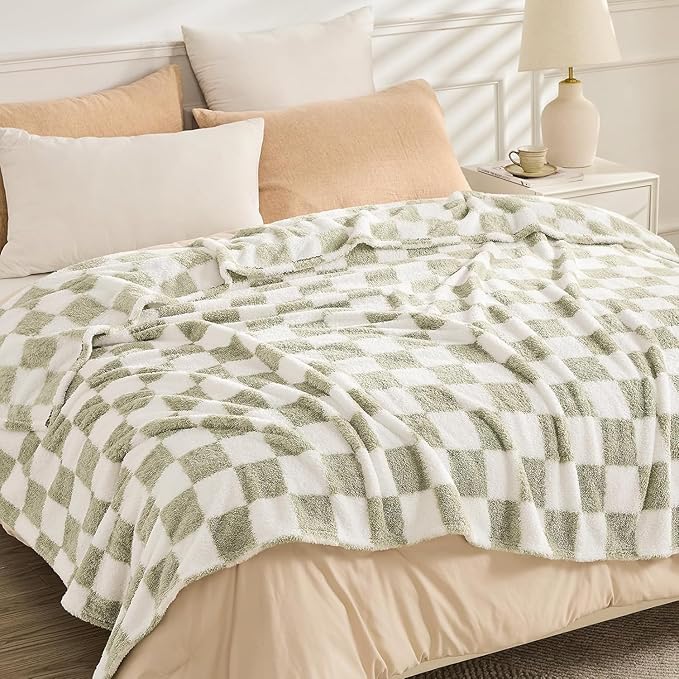 EMME Checkered Knit Blanket Soft Fluffy Patterned Throw Blankets for Couch, Sofa, Chair, Bed, Camping, Picnic, Travel Sage Green 50"x60"