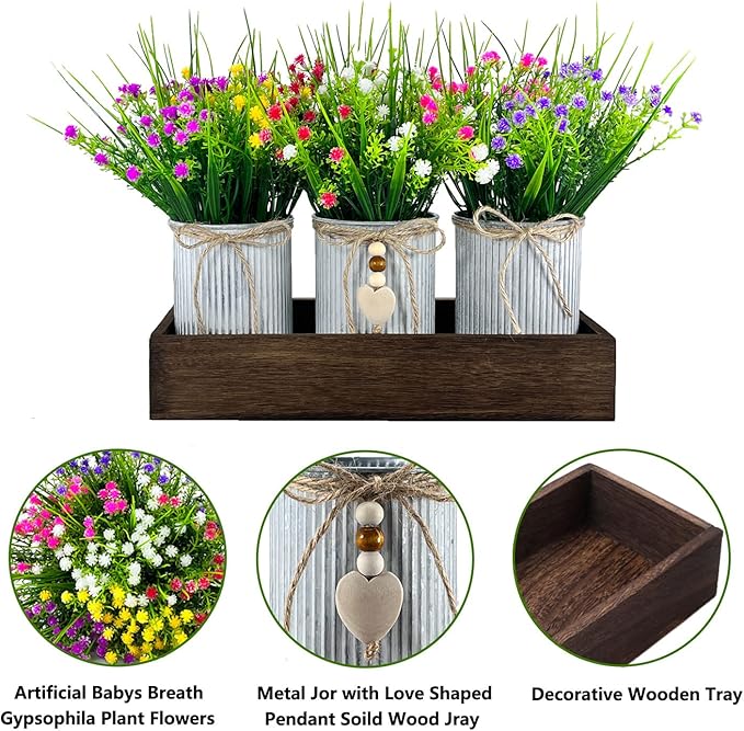 Gypsophila Baby's Breath Artificial Flowers in Rustic Metal Pots and Wood Tray, Table Centerpiece Decorations Fake Flowers for Home Décor