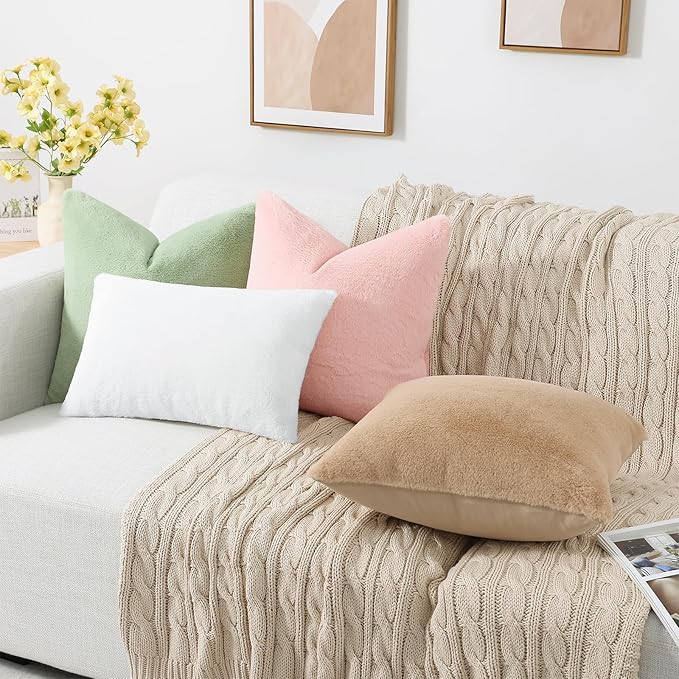 Pallene Faux Fur Plush Throw Pillow Covers 20x20 Set of 2, Luxury Soft Fluffy Cozy Decorative Pillow Covers for Sofa, Couch, Living Room, Blush Pink