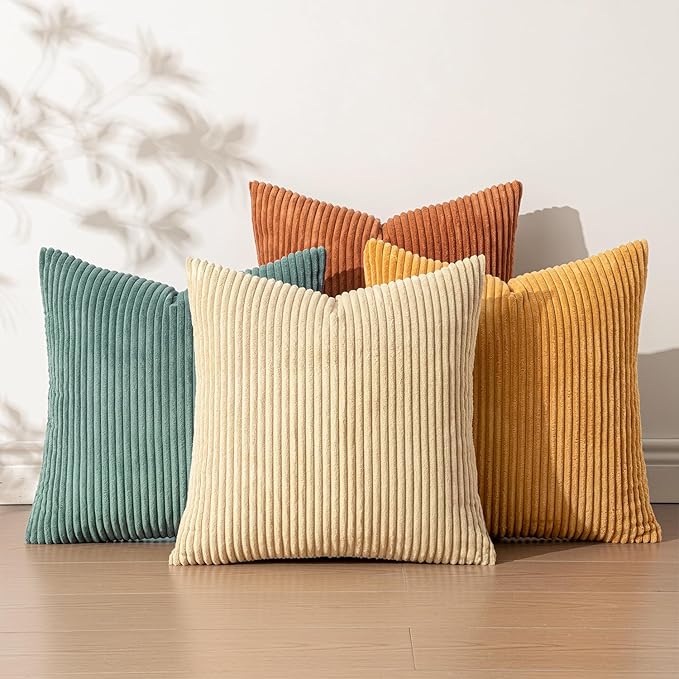 EMEMA Teal Orange Decorative Throw Pillow Covers for Couch Bed Livingroom 20x20 Inch Set of 4 Boho Farmhouse Corduroy Striped Square Pillow Case,Western Modern Cushion Covers Home Decor