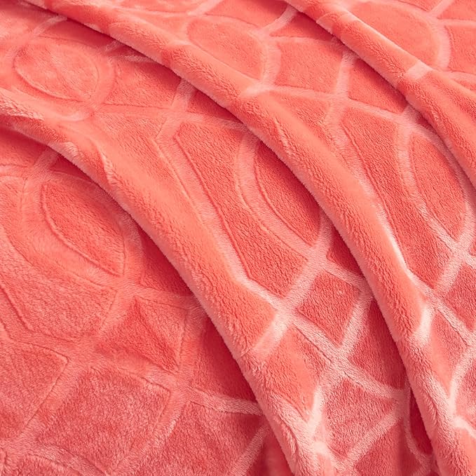 Soft Cozy Fleece Queen Size Blanket, 90x90 Inches – Lightweight Plush Blanket for Bed, Fuzzy 3D Jacquard Design - Coral