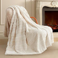 Amélie Home Luxury Striped Faux Fur Throw Blanket for Couch, Soft Cozy Fuzzy Fluffy Soft Plush Blankets Sofa Chair Gift Blankets for Women, 60"x80", Ivory