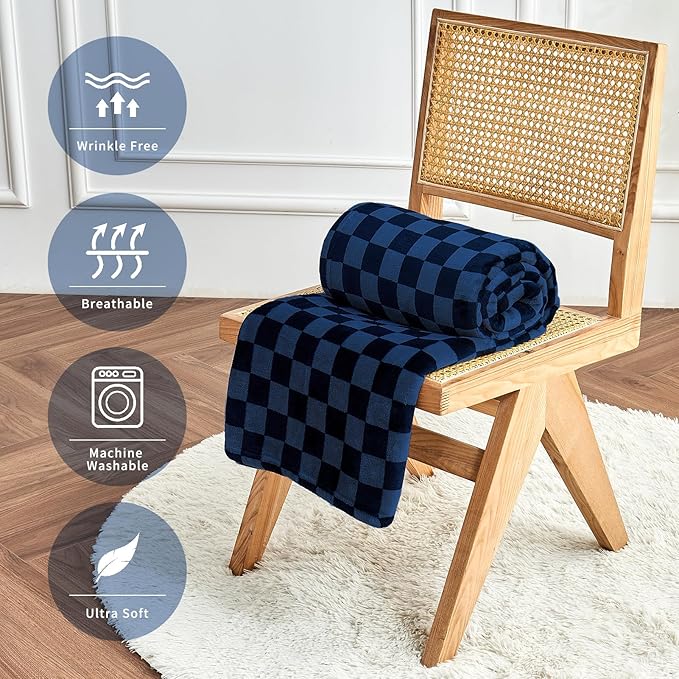 FY FIBER HOUSE Navy Throw Blanket Checkered Bedding Soft Cozy Checkerboard Grid Print Blankets for Bed Couch Sofa, 50"x60"