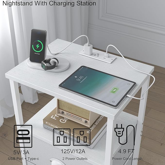 Nightstand with Charging Station, LED Night Stand Set 2, Bedside Table End Tables Set of 2, Bedroom Tables with 2 Fabric Drawers PU Finish, 3-Tier Storage Side Table for Bedroom,White
