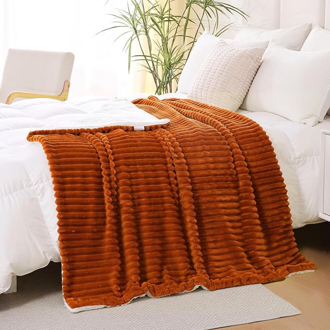 Burnt Orange Sherpa Fleece Throw Blanket 90”×90” for Couch Sofa Bed,Super Soft Cozy Plush Double Side Thick Flannel Blanket with Striped Design Lightweight for Adults,Woman,Girls