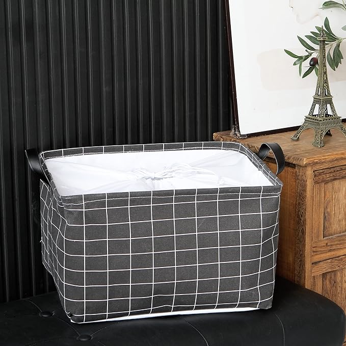 Hinwo 2-Pack Large Canvas Fabric Storage Basket with Handles, 33L/8.6-Gal Rectangle Bin, Collapsible Storage Box, Clothes, Toys, Blankets Organizer, 16.5 x 12 x 10 Inches (L, Black Grid)