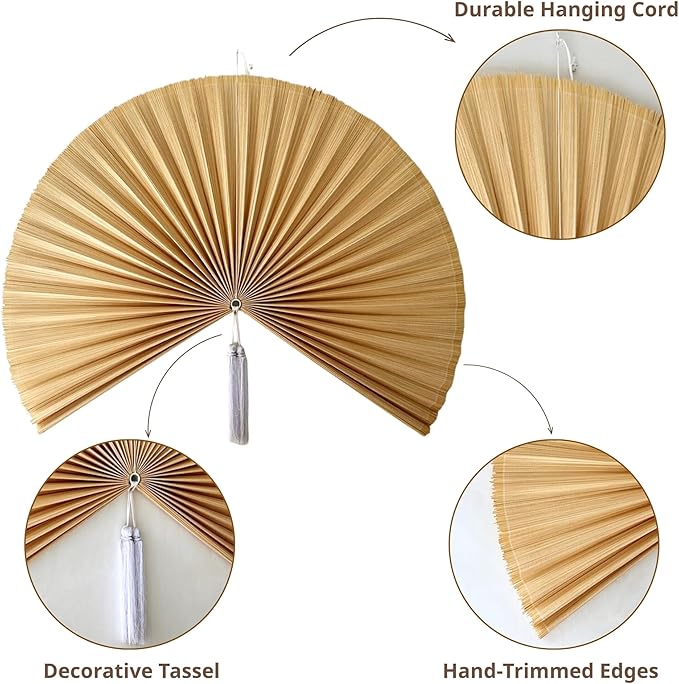ChumDecor Fan Wall Decor, Japanese Giant Fan, Large Bamboo Fan Wall Art For Boho Hanging Headboard, Decorative Folding Fans For Over Bed, Asia Trending (Ivory 60 inch)