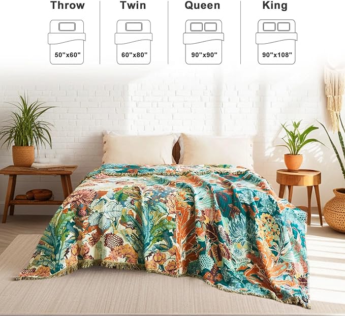 Boho Throw Blanket for Bed Cotton Spring Blankets Twin Size for Bedroom Living Room All Season Lightweight Botanical Floral Embroidery Quilt for Couch Sofa Chair 60"x80" Home Decor