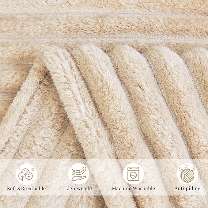Comelady Fleece Twin Blanket for Bed,Super Soft Warm Fluffy Throw Blanket for Couch Sofa Room Decor-Lightweight Cozy Fuzzy Striped Blanket for All Seasons(Light Brown,60"×80")