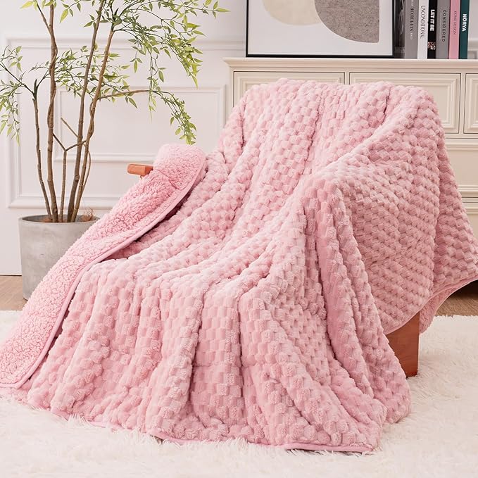 Super Fuzzy Soft Fleece Sherpa Weighted Blanket 15 lbs for Adults, 3D Imitation Turtle Shell Luxury Weighted Throw for Better Sleep, Dual Sided Cozy Heavy Blankets for Couch Bed, Pink, 48" x 72"