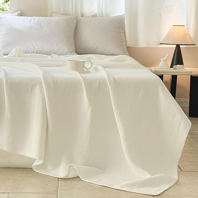 Simple&Opulence Linen Cotton Blanket with Double Layered Folded Edge for Couch/Bed/Sofa/Gift, Natural Flax Solid Color Soft Breathable Cozy Farmhouse Home Décor - White, 104"x90"