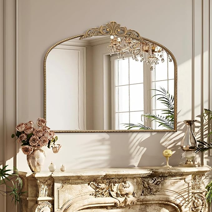Micasso Large Gold Antique Mirror: 40"x29" French Baroque Arched Mirror - Traditional Ornate Vintage Mirrors for Wall/Mantel/Entryway/Bathroom/Hallway - Home Decor for Living Room