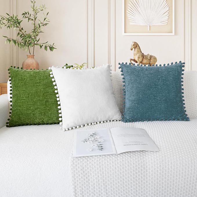 CaliTime Throw Pillow Covers Decorative 22 X 22 Inches Pack of 2 Cozy Solid Dyed Soft Chenille Cushion Cases with Pom Poms for Couch Sofa Bed Living Room Home True White