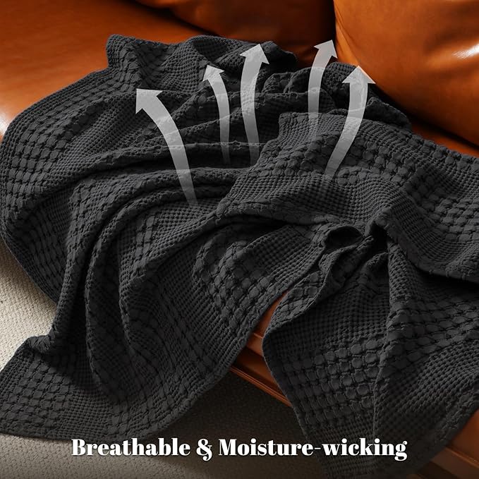 PHF 100% Cotton Waffle Weave Blanket Queen Size for Bed, Soft Lightweight & Breathable for Spring and Summer, All-Season Comfort, Luxury Aesthetic Blanket for Home Decor, 90"x90", Black