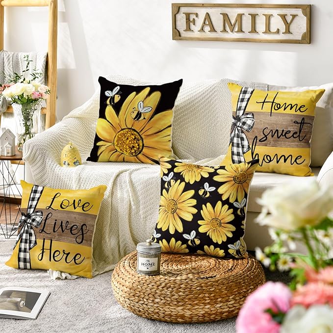 AVOIN colorlife Home Sweet Home Bee Sunflower Black Throw Pillow Covers, 20 x 20 Inch Love Lives Here Spring Summer Stripes Cushion Case for Sofa Couch Set of 4