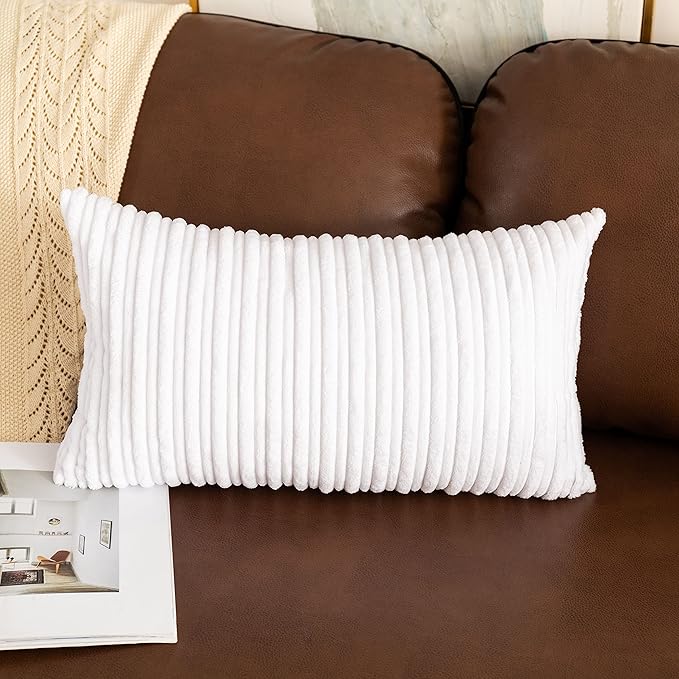UGASA Pack of 2, Velvet Pillow Covers Striped, Soft Textured Throw Cushion Case Set, Accent Corduroy Lumbar Pillowcases with Hidden Zipper for Home Decor Indoor Outdoor (12"x20", Pure White)