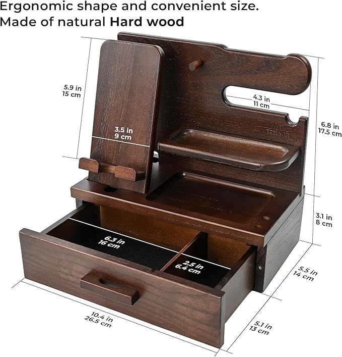 TESLYAR Wood Phone Docking Station with Drawer - Nightstand Organizer - Desk Organizer for Husband - Birthday Gifts for Men, Dad, Anniversary, Key Holder Stand Watch, Accessories (Chocolate Brown)