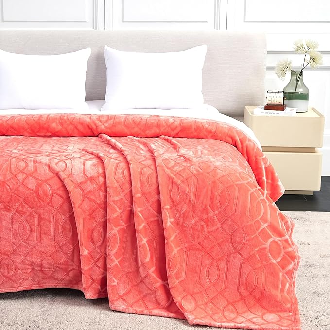 Soft Cozy Fleece Throw Blanket, 50x60 Inches – Lightweight Plush Blanket for Couch, Fuzzy 3D Jacquard Design, for Sofa, Bed & Travel - Coral