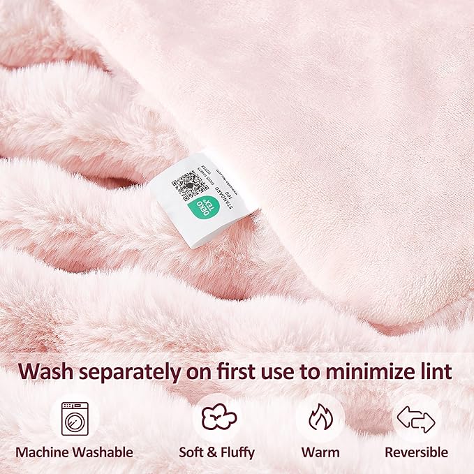 JONIYEAR Decorative Large Soft Bubble Faux Rabbit Fur Bed Blanket Queen Size 80" x 90",Reversible Thick Cozy Accent Warm Furry Blanket for Winter,Lovely Cute Big Shaggy Fuzzy Blankets for Women, Pink