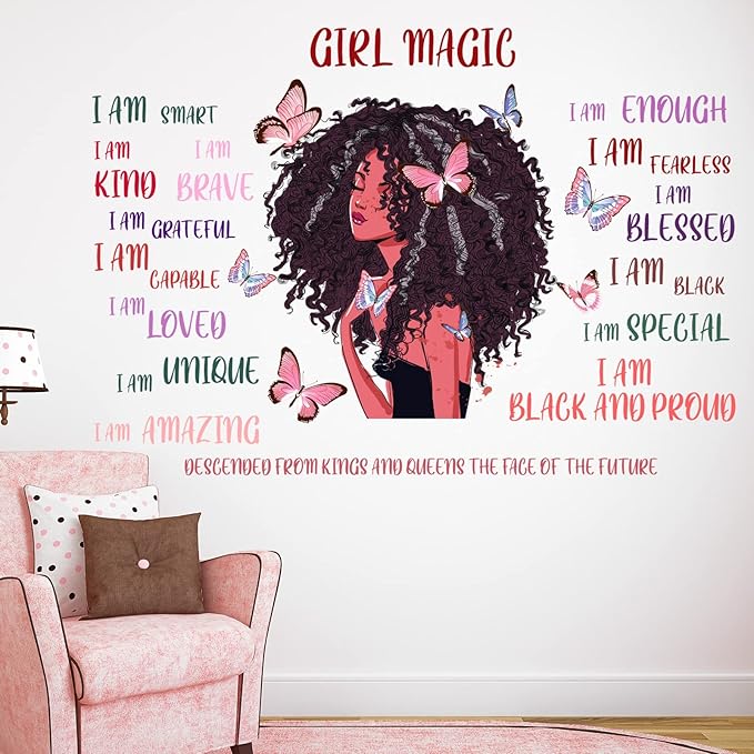 Black Girl Wall Decal Inspirational Quote Butterfly Sticker Motivational Saying American Wall Decor Sticker for Afro Woman Bedroom Playroom