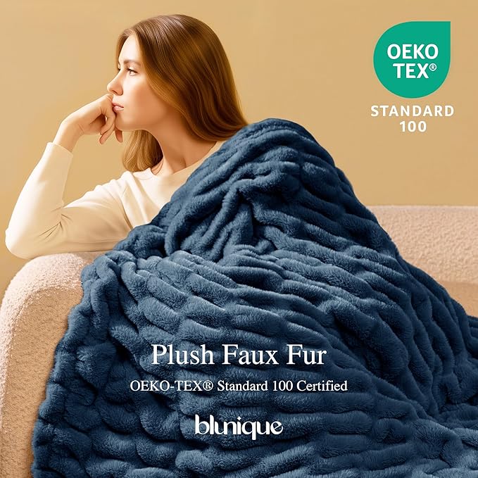 Faux Fur Blanket, Throw Blanket for Couch, Fluffy Blanket with Stretch Ruched Design, Ultra Soft Giftable Home Decor, 50x60 inches, Blue