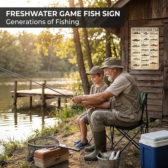 Boy's Fishing Gifts Vintage Fresh Water Gamefish Knowledge Tin Sign for Man Cave Boys Hunting Room Bedroom Lake House Cabin Wall Art Decor 8x12 Inch (3069)