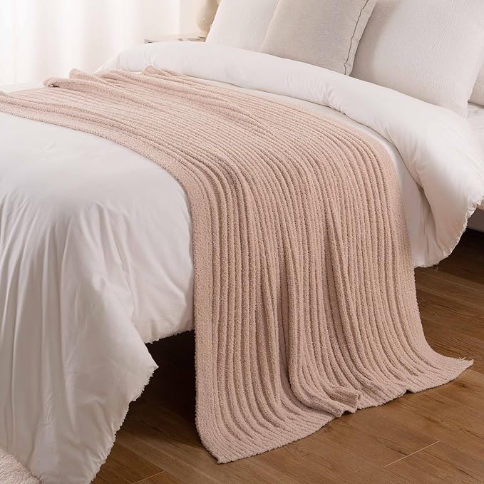 BATTILO Beige Throw Blanket for Couch, Knit Fuzzy Plush Fluffy Soft Netural Blankets, Cozy Warm Lightweight Blanket for Bed, Sofa, Home Decor, 50"x60"