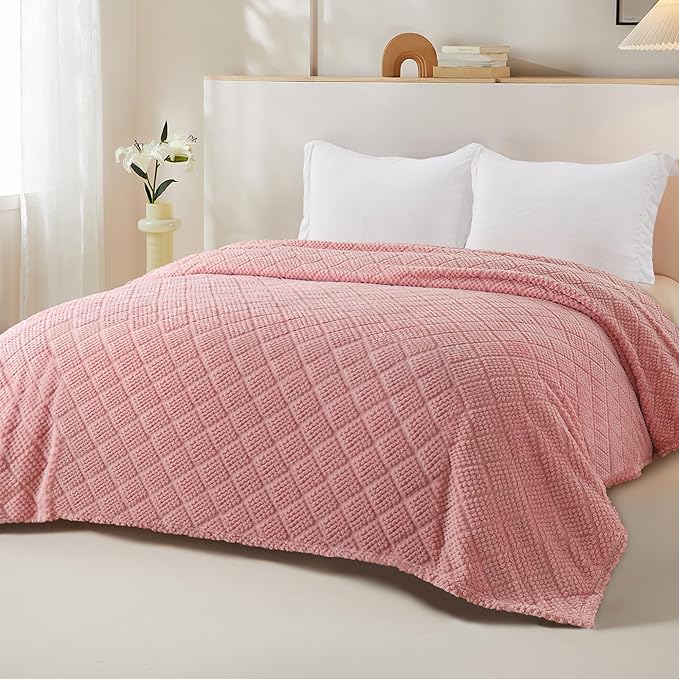 Whale Flotilla Fuzzy Fleece King Size Blanket for Bed, Soft Fluffy Jacquard Waffle Blankets for All Season, Lightweight and Warm, 90x104 Inch, Pink