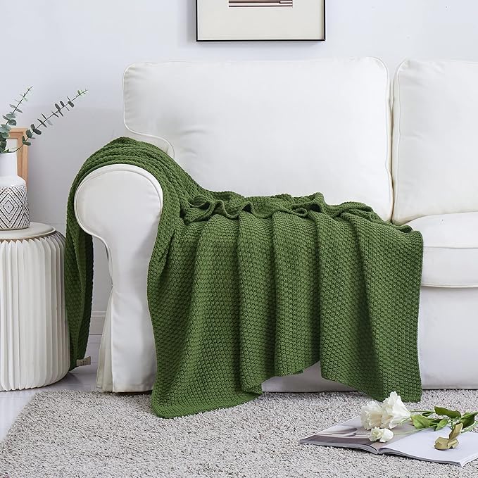 Longhui bedding Olive Green Knitted Throw Blanket for Couch, Soft, Cozy Machine Washable 100% Cotton Sofa Knit Blankets, Heavy 3.0lb Weight, 51 x 63 Inches, Green Color.