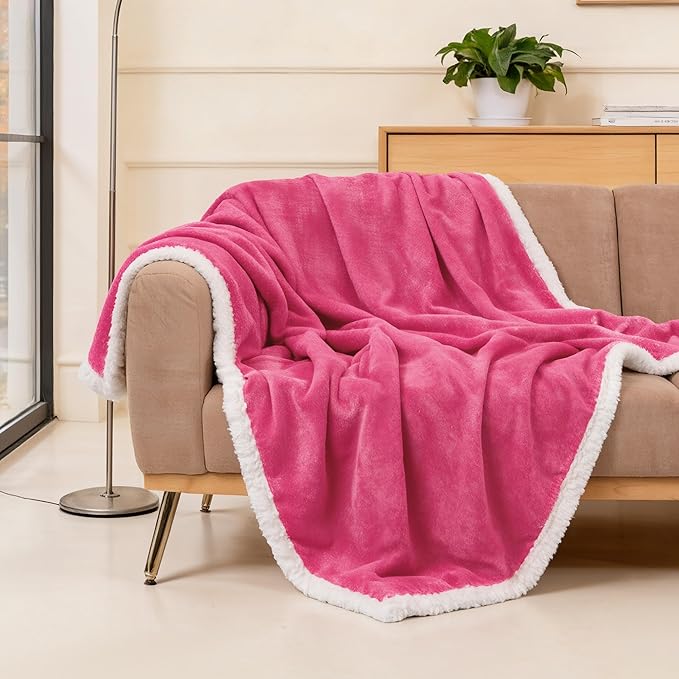 BEAUTEX Sherpa Fleece Throw Blankets, Soft Fluffy Flannel Plush Blanket and Throw, Fuzzy Cozy Pink Cuddle Blankets for Couch Bed Sofa Adults (50" x 60", Pink)